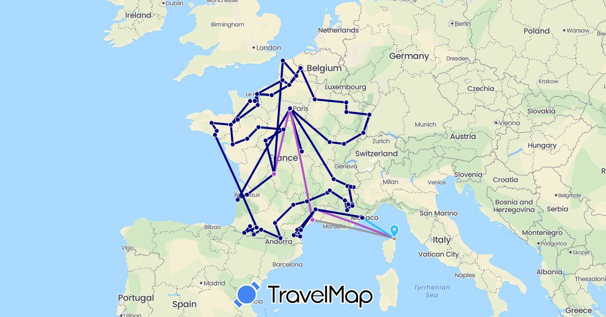 TravelMap itinerary: driving, plane, train, boat in France (Europe)